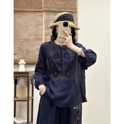 夏季纯苎麻刺绣显瘦灯笼袖衬衫女