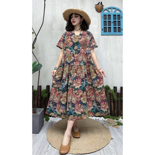 夏季新复古棉麻印花拼花边口袋V领短袖连衣裙女宽松显瘦拼接A字裙