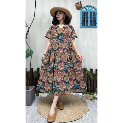夏季棉麻印花V领A字显瘦连衣裙女