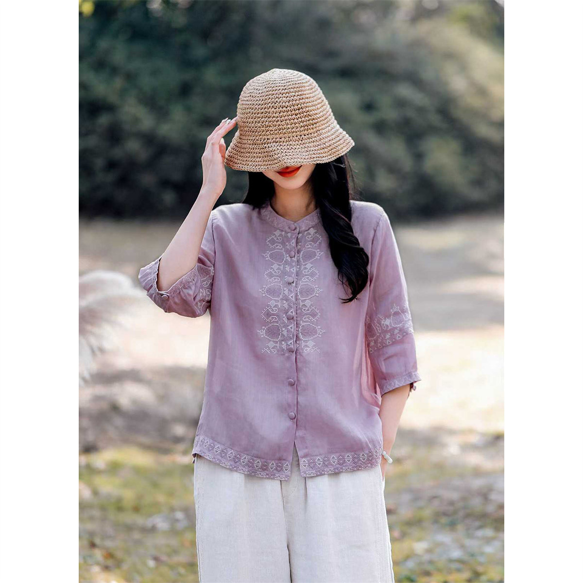 夏季纯苎麻刺绣立领五分袖女衬衫