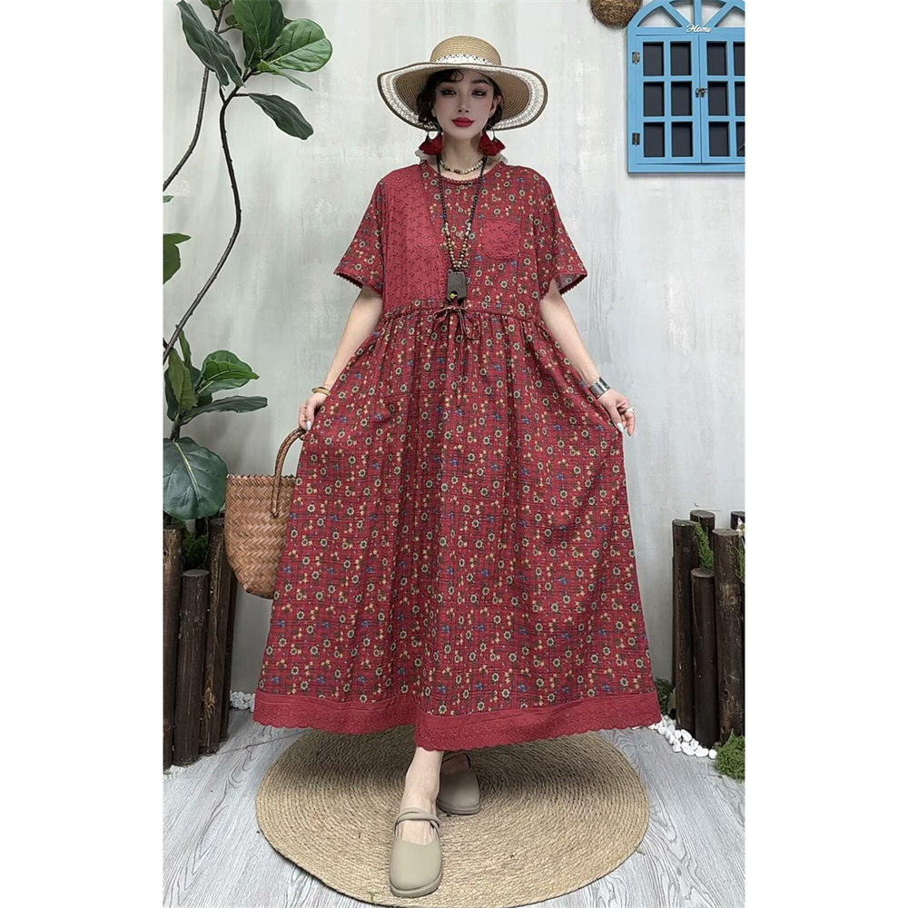 复古棉麻印花拼接系带连衣裙女