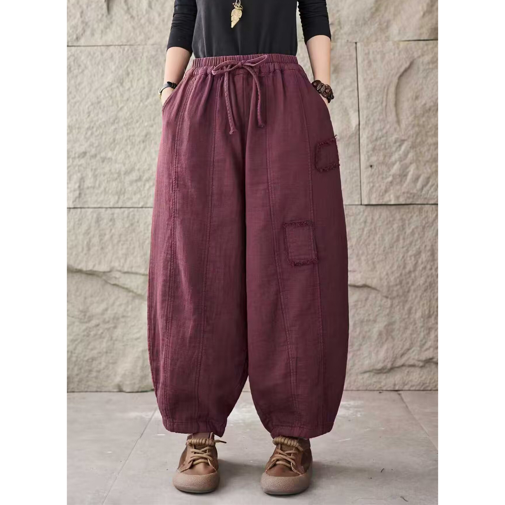 冬季新款复古棉麻拼接宽松休闲棉裤女松紧腰抽绳大版型加厚保暖裤