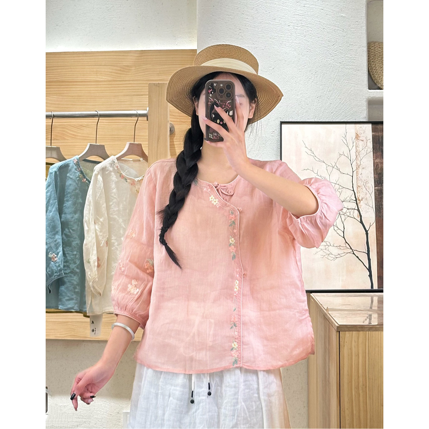 夏季新中式苎麻刺绣七分袖衬衫女