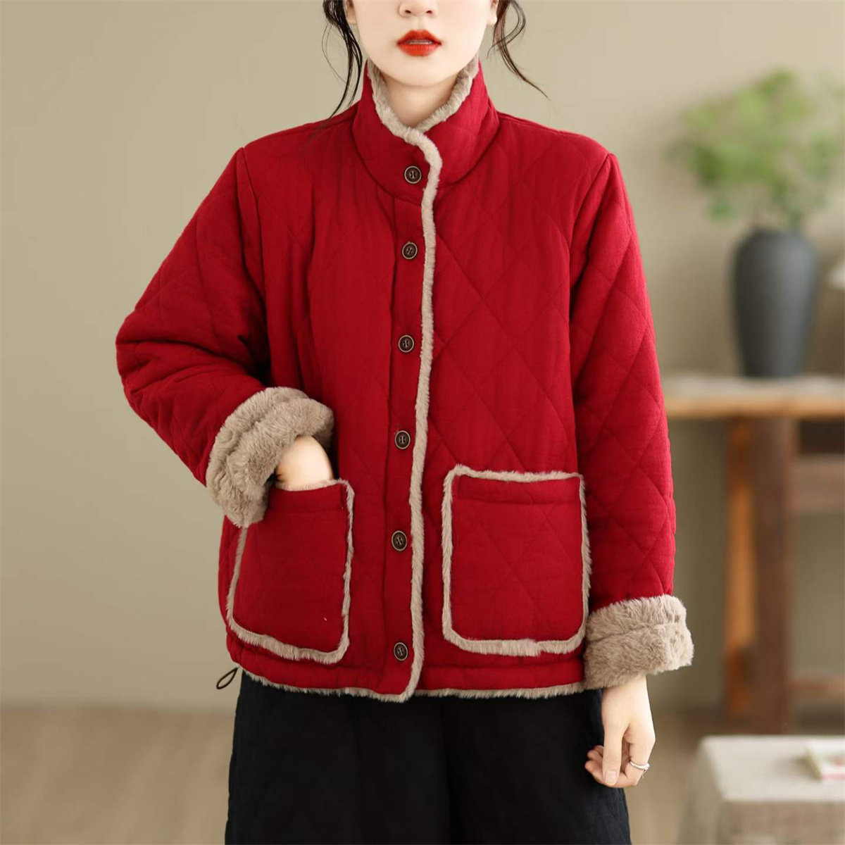 冬季复古立领加绒加厚女棉服棉袄