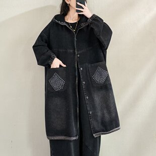 春装新复古拼花边牛仔连帽风衣女中长款大口袋宽松显瘦镶边外套女