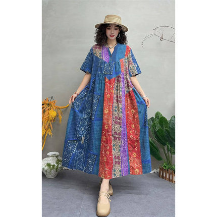 夏季新复古棉质印花倒三角拼接V领连衣裙女宽松显瘦套头A字长裙女