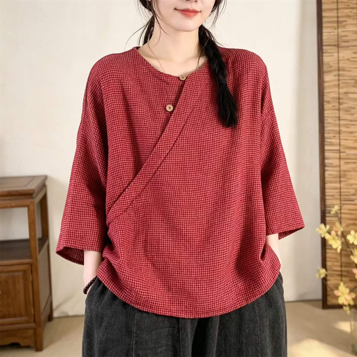 秋季复古格纹斜襟亚麻显瘦衬衫女