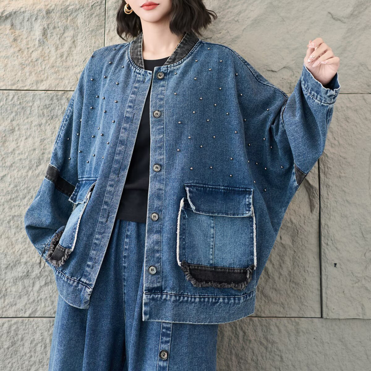 春季新复古水洗牛仔钉珠立领外套女宽松显瘦拼色单排扣夹克女上衣,女装/女士精品,短外套,淘宝优惠券,粉丝福利购,淘宝优惠卷