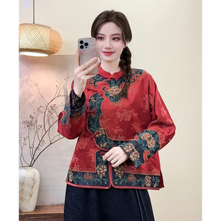 秋季新款民族刺绣拼接立领长袖短外套女提花缎面盘扣中式上衣女