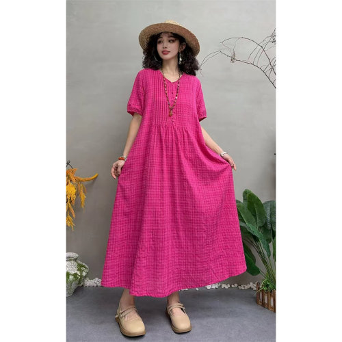 夏季复古格纹V领显瘦棉质连衣裙