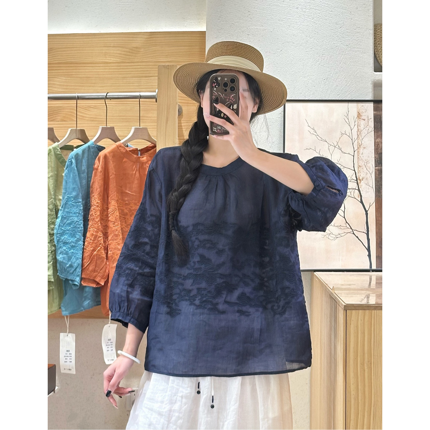 夏季复古苎麻刺绣灯笼袖显瘦衬衫