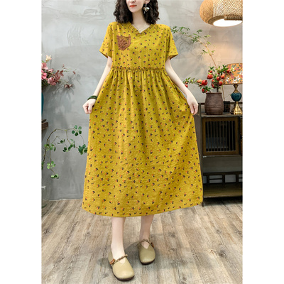 复古棉麻印花V领拼接连衣裙女