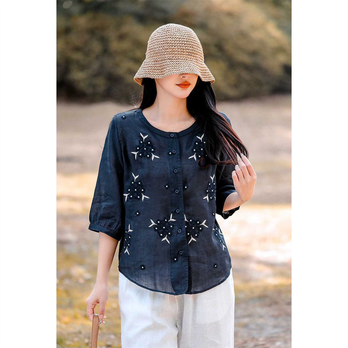 夏季文艺刺绣纯苎麻显瘦女衬衫