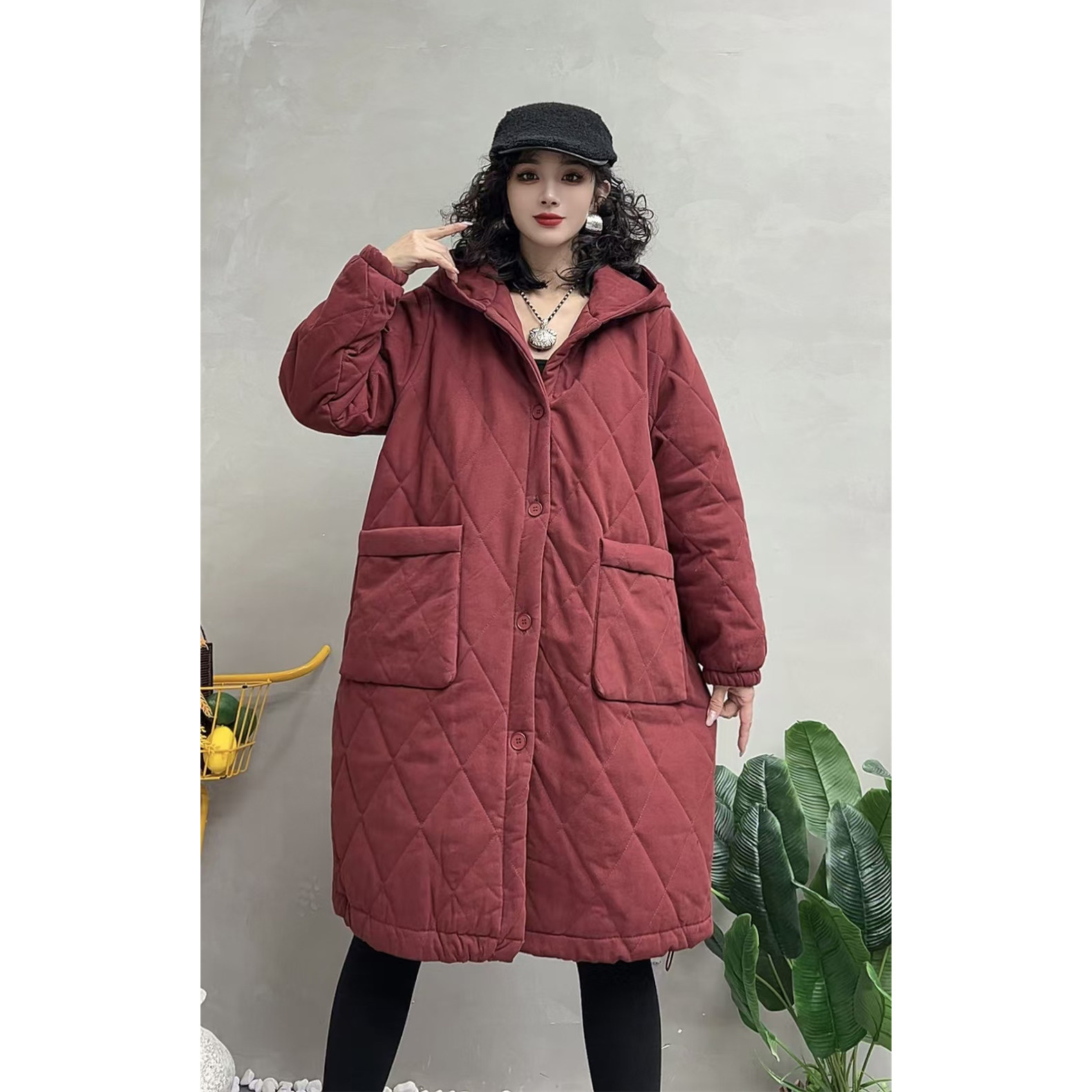 冬季复古衍棉菱格加厚连帽棉服女