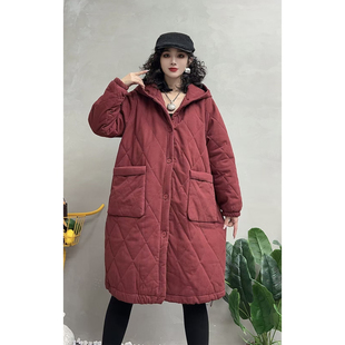 冬季新款复古衍棉菱形格连帽棉服女中长款宽松加厚加绒保暖棉衣女