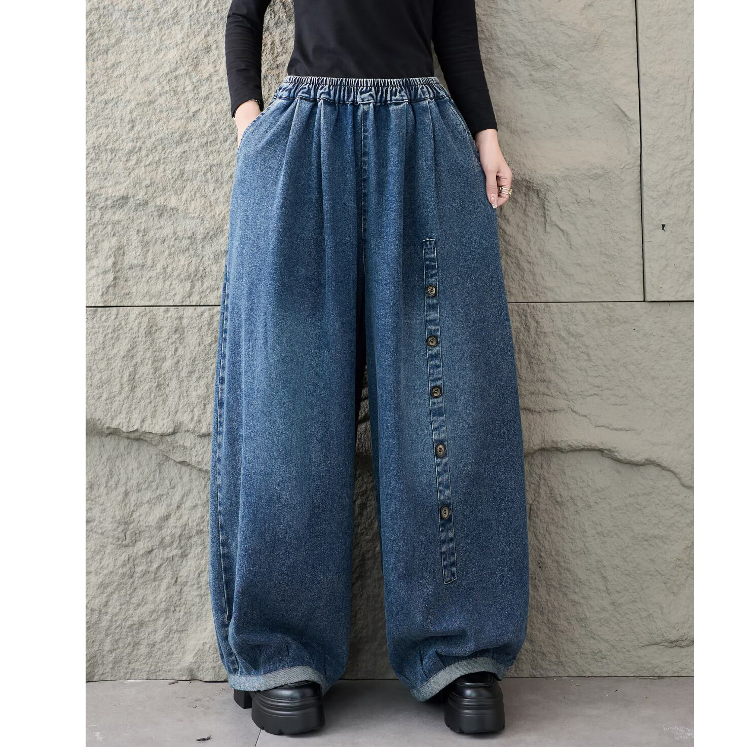 春装新复古松紧高腰拼扣饰阔腿牛仔裤女宽松显瘦休闲长裤直筒裤女,女装/女士精品,牛仔裤,淘宝优惠券,粉丝福利购,淘宝优惠卷