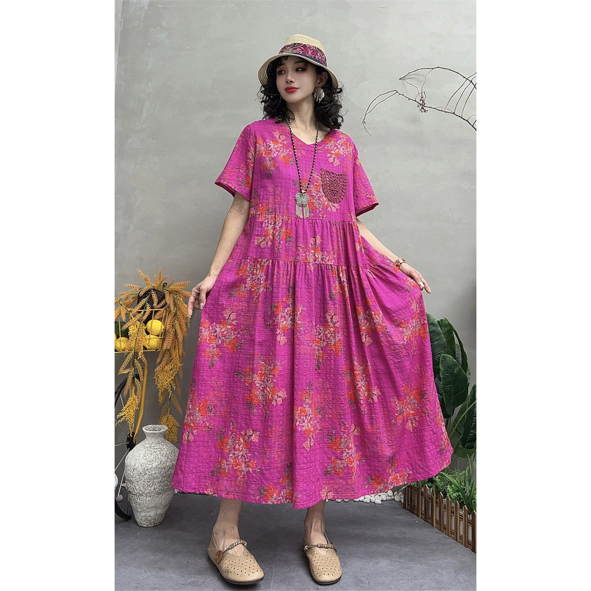 夏季新复古棉麻印花V领短袖连衣裙女宽松拼接显瘦花边口袋A字裙女