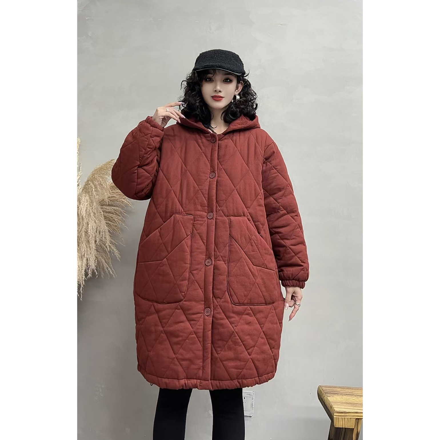 冬季复古衍棉菱格连帽加厚棉服女