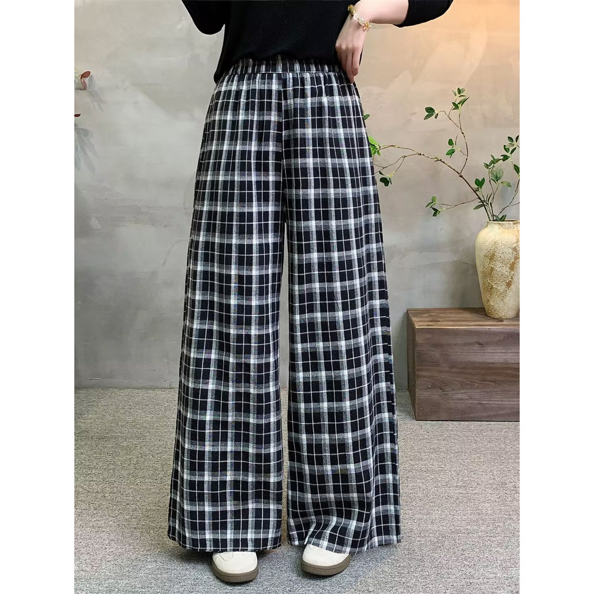秋季棉麻高腰显瘦格子阔腿长裤女