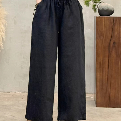 高腰文艺抽绳纯亚麻阔腿直筒长裤
