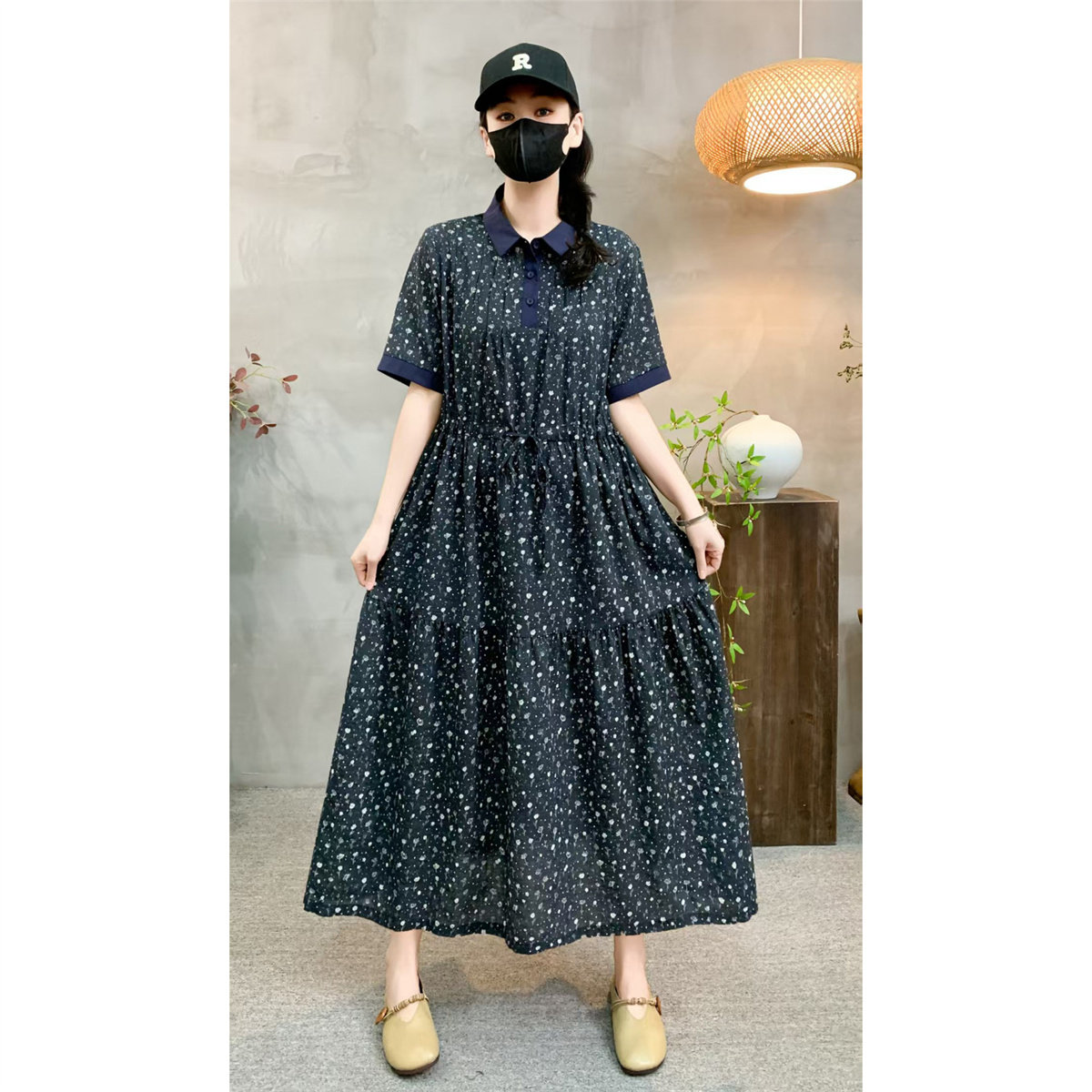 夏季复古棉麻印花系带显瘦连衣裙