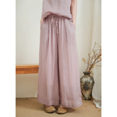 文艺纯苎麻刺绣高腰系带阔腿裤女