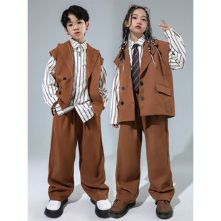 儿童街舞潮服男童西装马甲少儿走秀hiphop女童poping演出嘻哈套装
