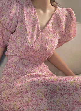 imissyou2024夏韩国东大门浪漫小碎花宫廷风灯笼袖V领碎花连衣裙