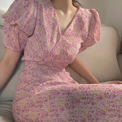 imissyou2024夏韩国东大门浪漫小碎花宫廷风灯笼袖V领碎花连衣裙