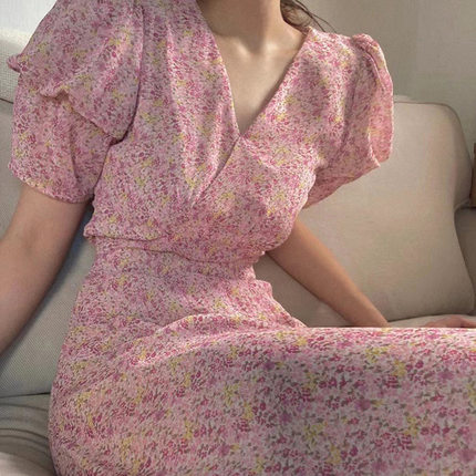 imissyou2024夏韩国东大门浪漫小碎花宫廷风灯笼袖V领碎花连衣裙