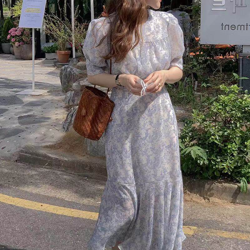 韩国东大门新款夏港风花纹收腰淑女气质复古油画连衣裙长裙鱼尾裙
