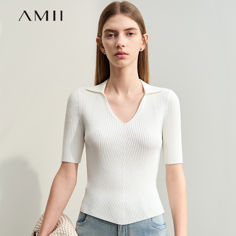 Amii短袖坑条纹修身套头针织衫