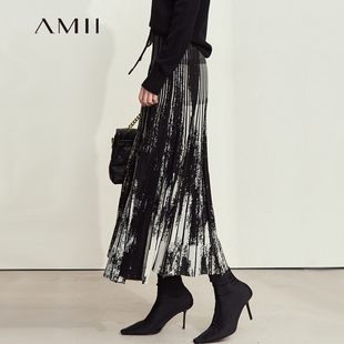Amii松紧腰百褶半身裙长款秋冬2024新款国风水墨晕染提花针织长裙