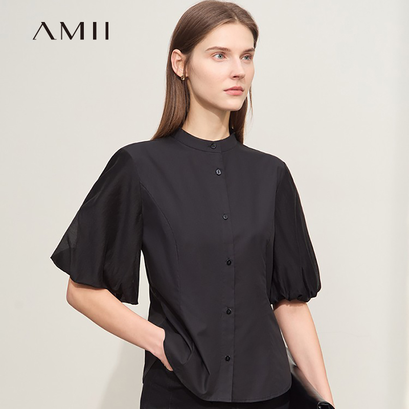 Amii复古灯笼袖撞料拼接全棉短袖衬衫女夏季2024新款修身显瘦上衣