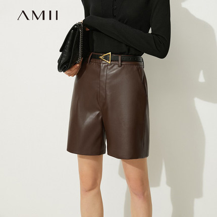 Amii极简轻奢环保PU皮革休闲短裤女秋冬款皮裤仿小羊皮直筒五分裤