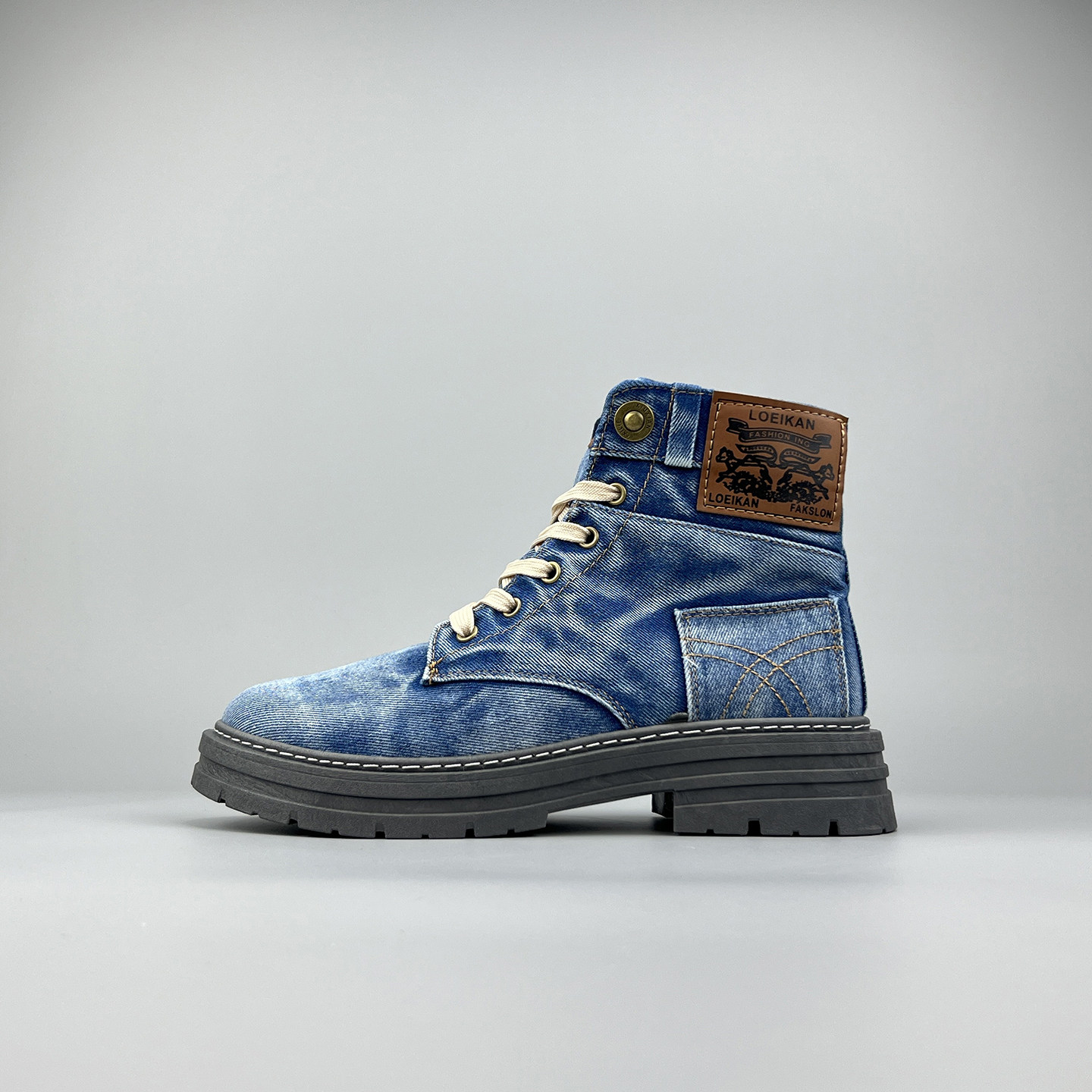 外贸牛仔布面高帮休闲马丁靴男士大码厚底潮流百搭摩托机车工装鞋