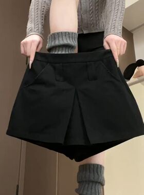 韩系小个子黑色开叉A字裙裤女春季小众时尚百搭高腰显瘦阔腿短裤