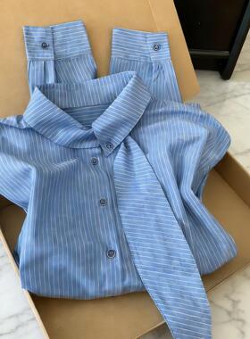 韩版蓝色条纹飘带长袖衬衫女2026春季职场通勤衬衣小众设计感上衣