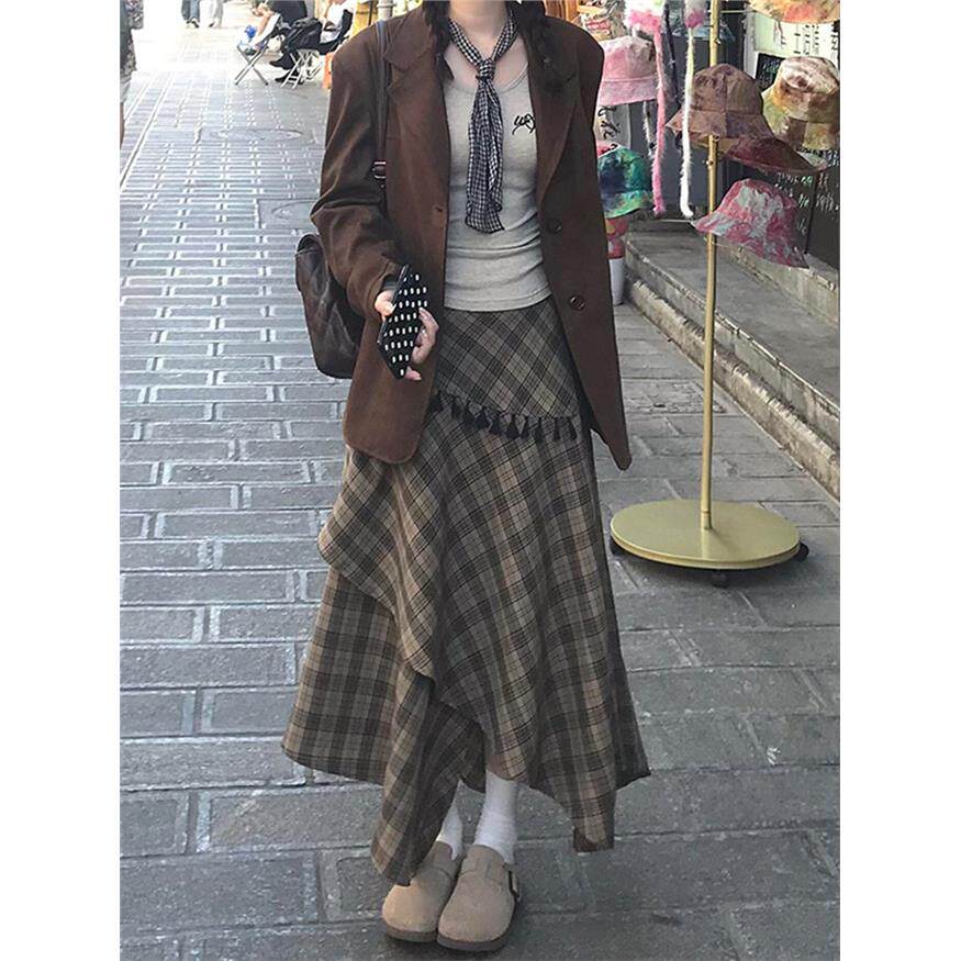 美拉德不规则格子半身裙女秋冬季大码胖mm显瘦a字梨形伯克利裙子