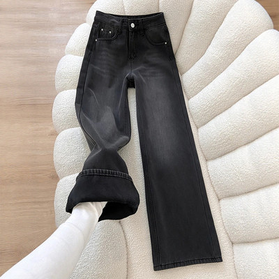 黑灰色阔腿加绒牛仔裤女2