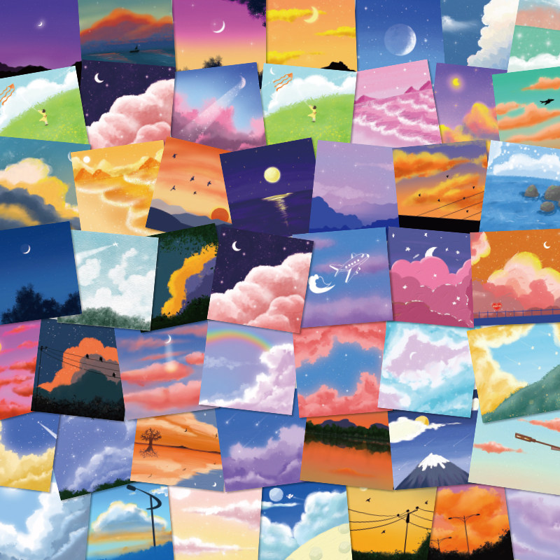 风景油画手账贴纸文艺插画夜晚天空手机壳电脑奶茶杯装饰防水贴画