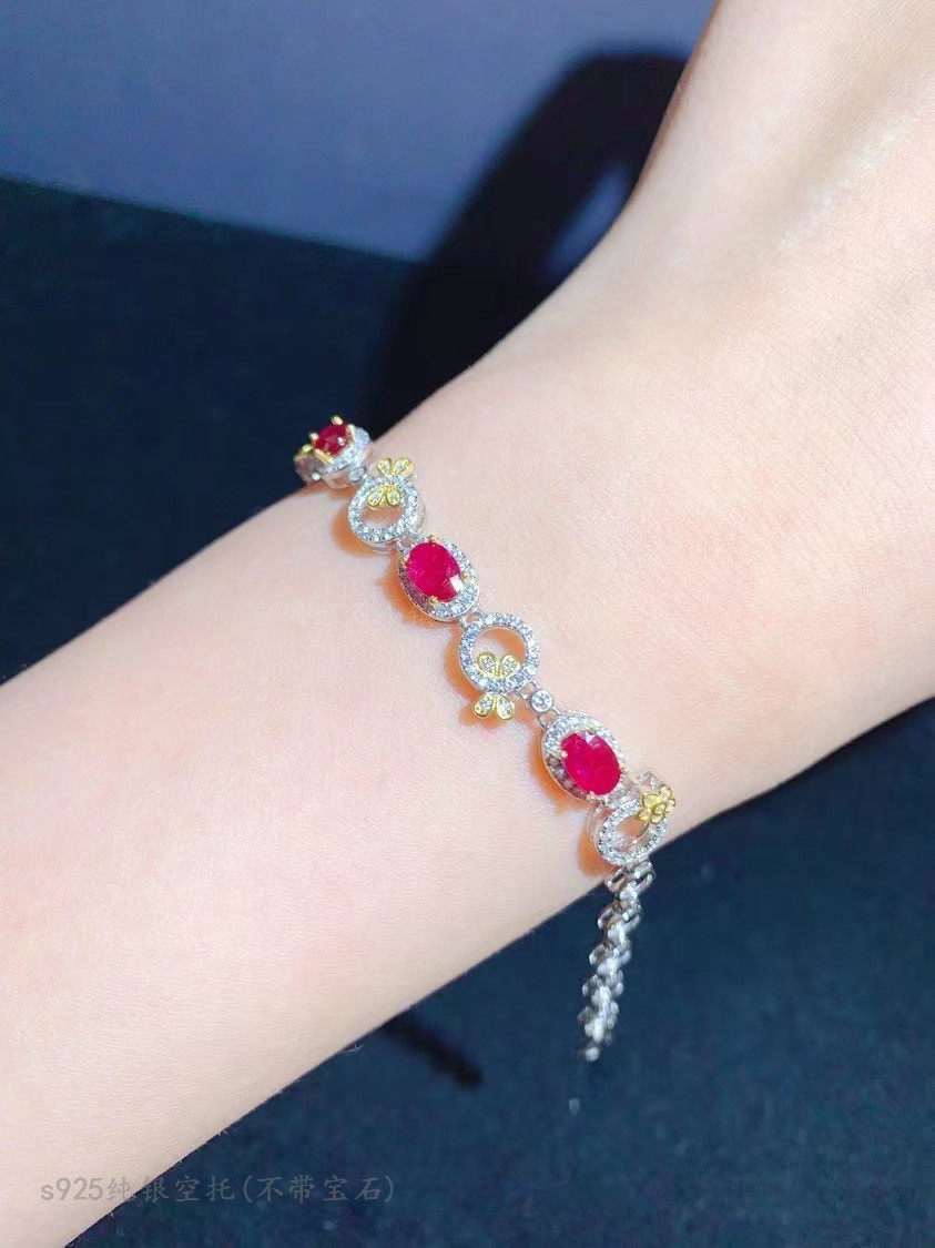 s925银手链空托椭圆形4*6mm镀双色精工 镶钳红宝石 水晶可爱甜美