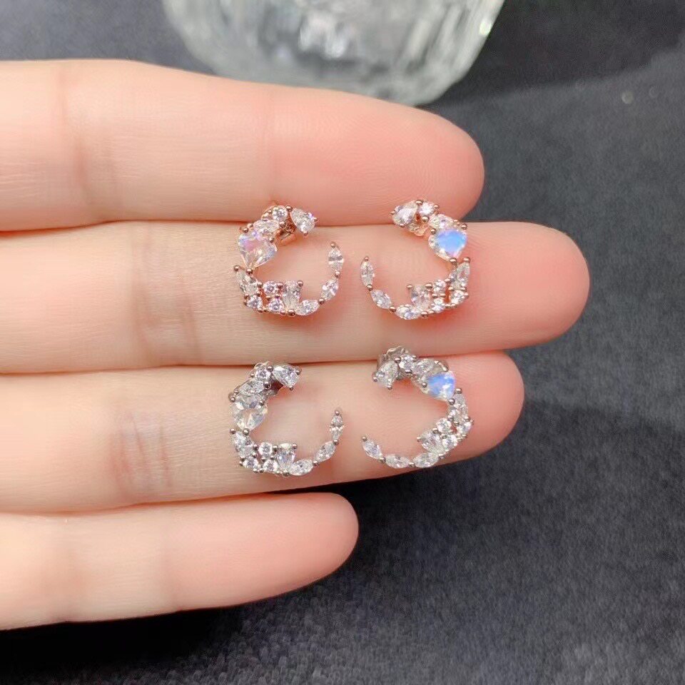 s925纯银耳钉空托 爱心形4*4mm精工 刻面月光石耳饰品 未镶钳托子