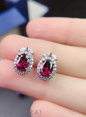 s925纯银耳钉空托椭圆5*7 6*8mm紫色镁铝石榴石 蛋面 气质ins小众