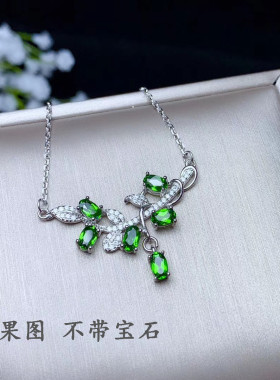 s925椭圆空托群镶蛋面晶石锁骨链