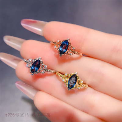 女s925纯银复古花纹女戒马眼形