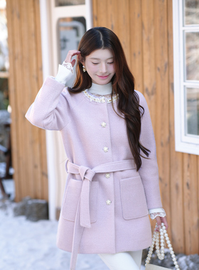 ATAR淑女风圆领粗花呢大衣中长收腰系带珍珠扣外套精美小香风上衣