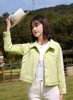 ATAR小清新2025春款新款荷叶边绣花牛仔外套 时尚拼色翻领短上衣