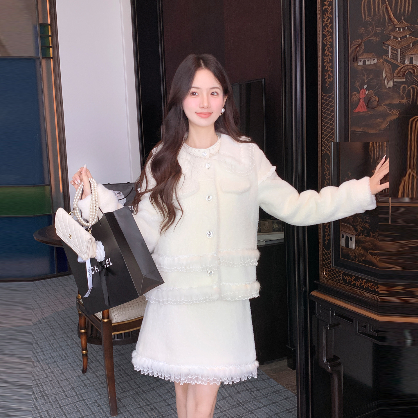 女冬装外套半身裙黄金貂绒套装裙