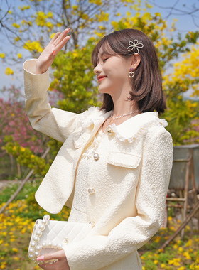 ATAR淑女小香风花边翻领短外套2025春秋新款订珠提花小西服上衣潮
